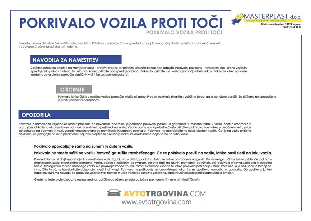 POKRIVALO AVTA PROTI TOČI "M" POKRIVALO AVTA PROTI TOČI "M"